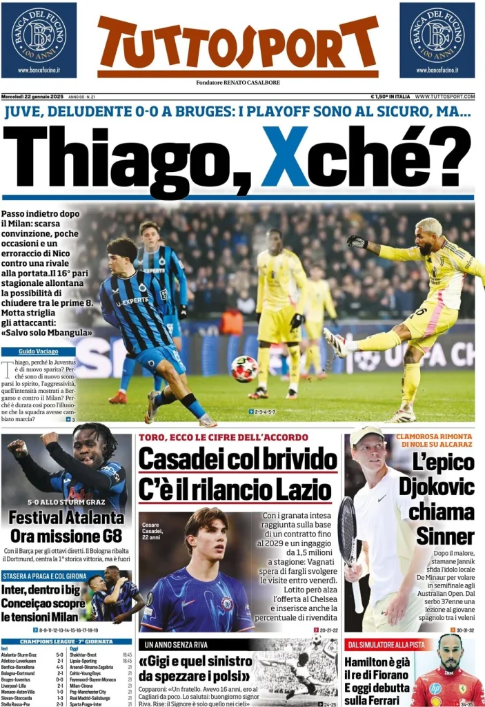 Le prime pagine dei principali quotidiani sportivi – 22 gennaio 29 tuttosport 021205383