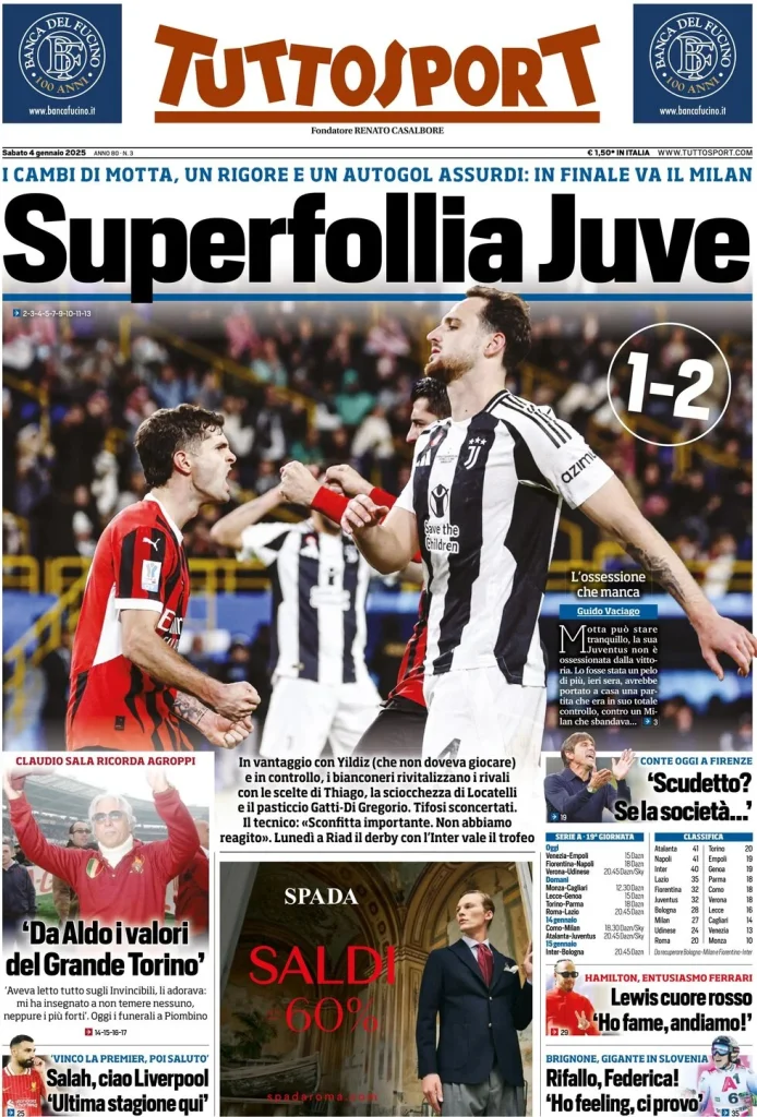 Le prime pagine dei principali quotidiani sportivi – 4 gennaio 29 tuttosport 021206128