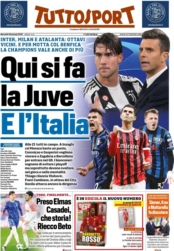 Le prime pagine dei principali quotidiani sportivi – 29 gennaio 29 tuttosport 021206411