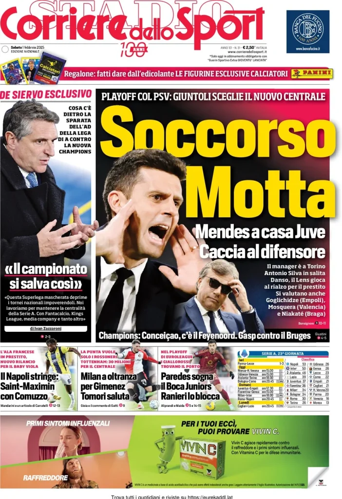 Le prime pagine dei principali quotidiani sportivi – 1 febbraio 28 corriere dello sport 063325499