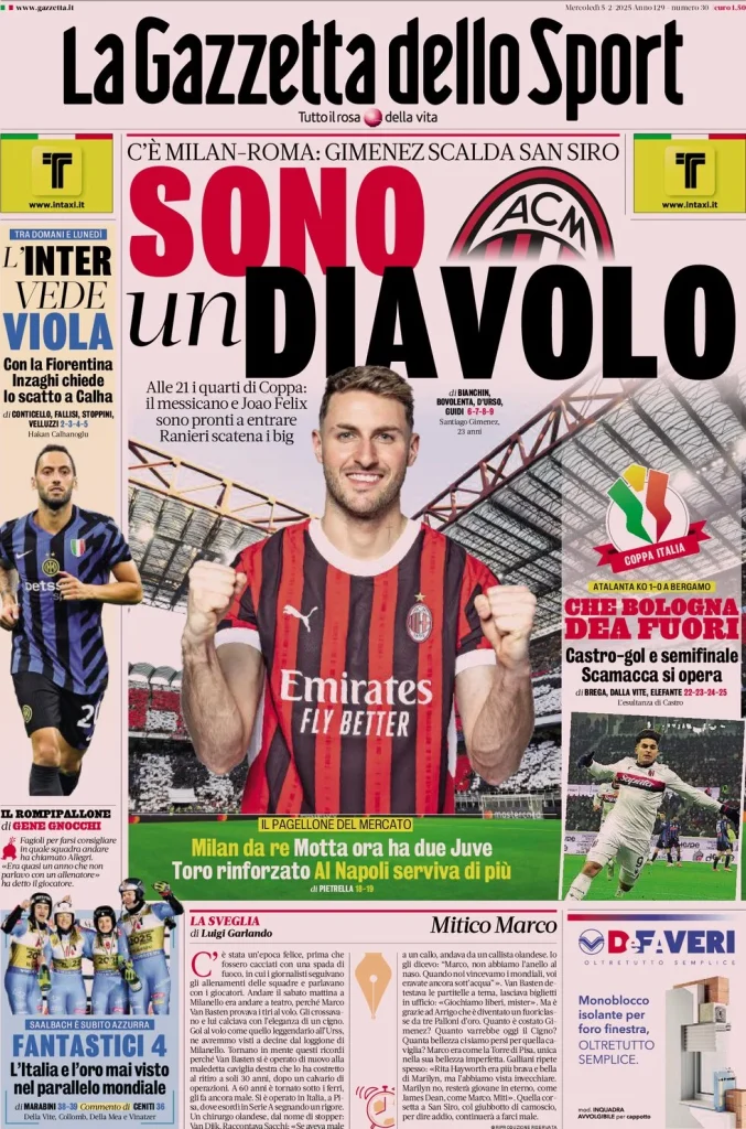 Le prime pagine dei principali quotidiani sportivi – 5 febbraio 27 la gazzetta dello sport 061913097