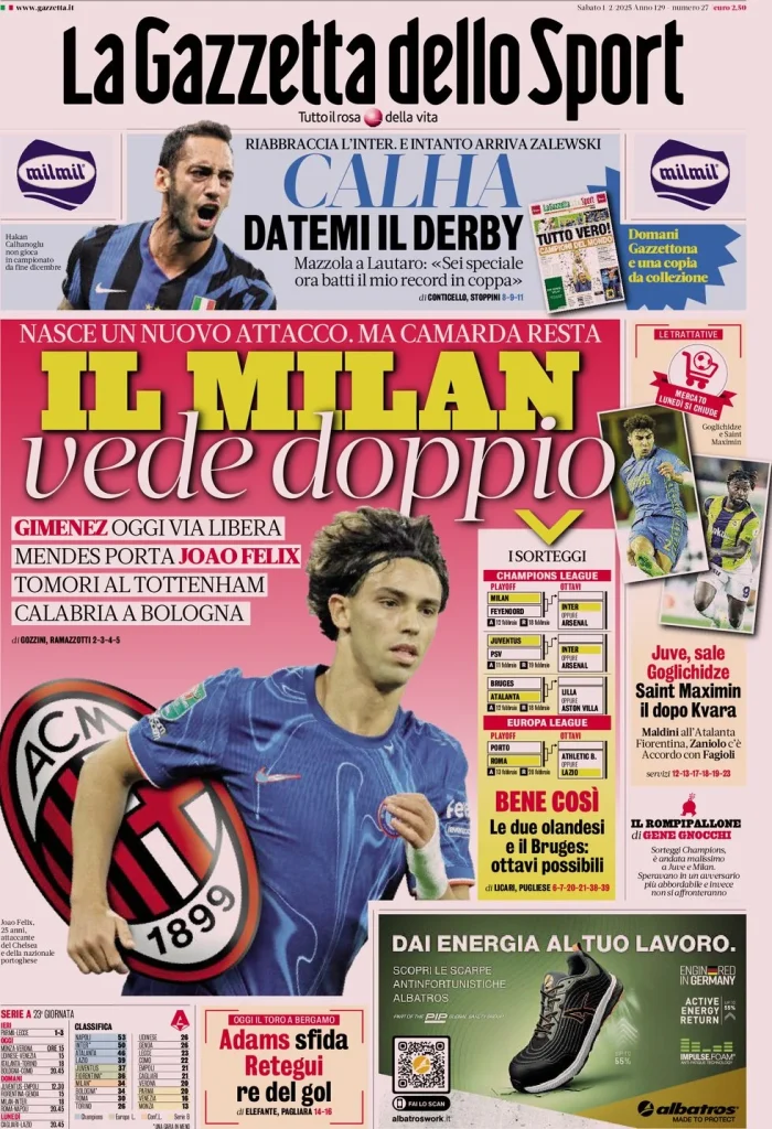 Le prime pagine dei principali quotidiani sportivi – 1 febbraio 27 la gazzetta dello sport 063826341