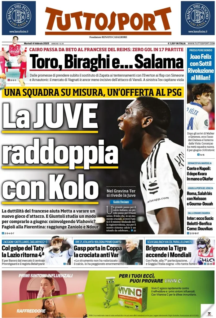 Le prime pagine dei principali quotidiani sportivi – 4 febbraio 29 tuttosport 021204814