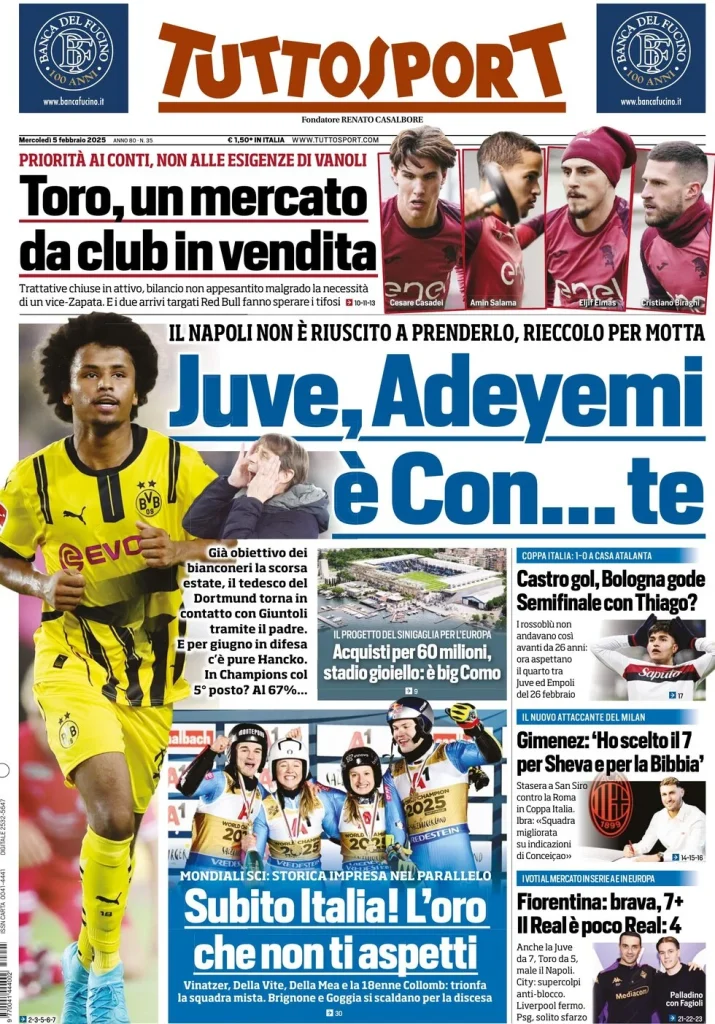 Le prime pagine dei principali quotidiani sportivi – 5 febbraio 29 tuttosport 021205085