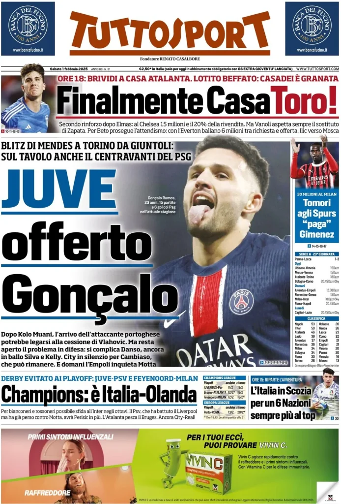 Le prime pagine dei principali quotidiani sportivi – 1 febbraio 29 tuttosport 021205809