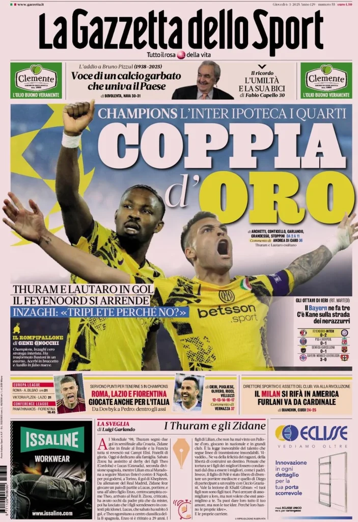 Le prime pagine dei principali quotidiani sportivi – 6 marzo 27 la gazzetta dello sport 031513266