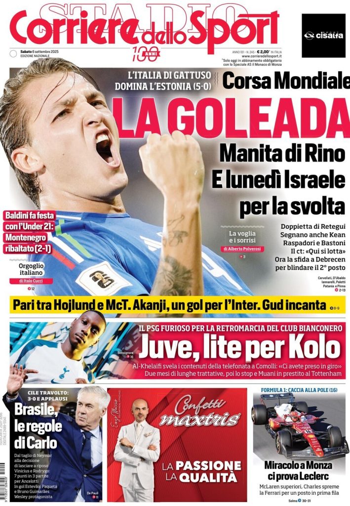 Rassegna stampa Cagliari: prime pagine quotidiani sportivi - 6 settembre 2025 28 corriere dello sport 021209466