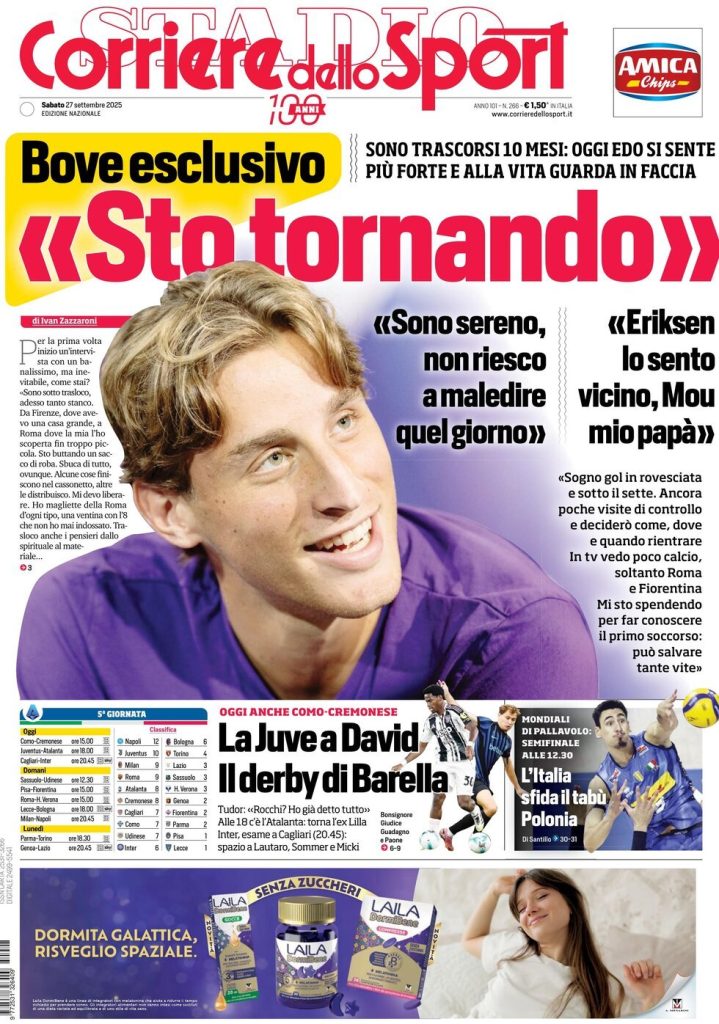 Rassegna stampa Cagliari: prime pagine quotidiani sportivi - 27 settembre 2025 28 corriere dello sport 021211606