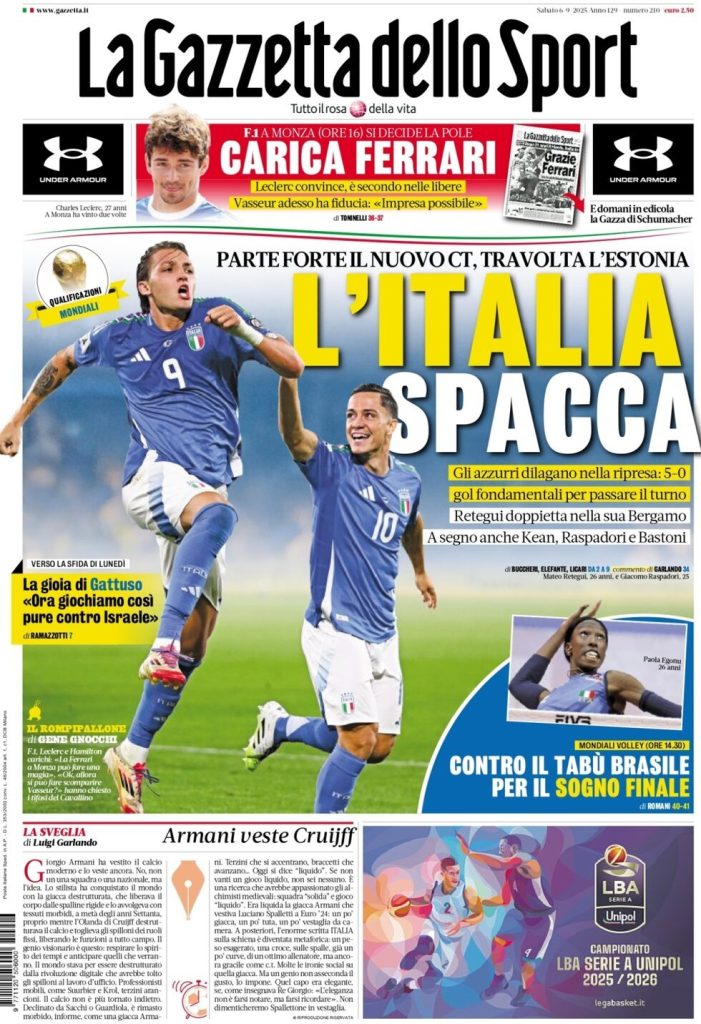Rassegna stampa Cagliari: prime pagine quotidiani sportivi - 6 settembre 2025 29 la gazzetta dello sport 010012480