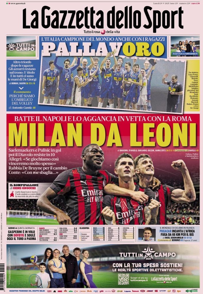 Rassegna stampa Cagliari: prime pagine quotidiani sportivi - 30 settembre 2025 29 la gazzetta dello sport 0200134ei