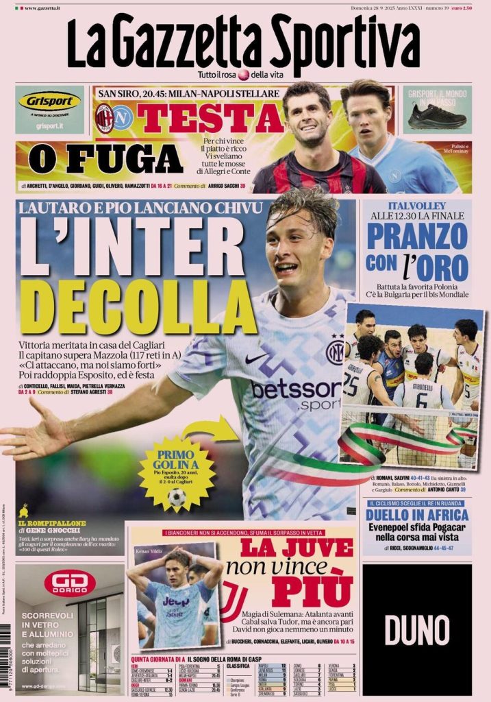 Rassegna stampa Cagliari: prime pagine quotidiani sportivi - 29 settembre 2025 29 la gazzetta dello sport 020013mpe