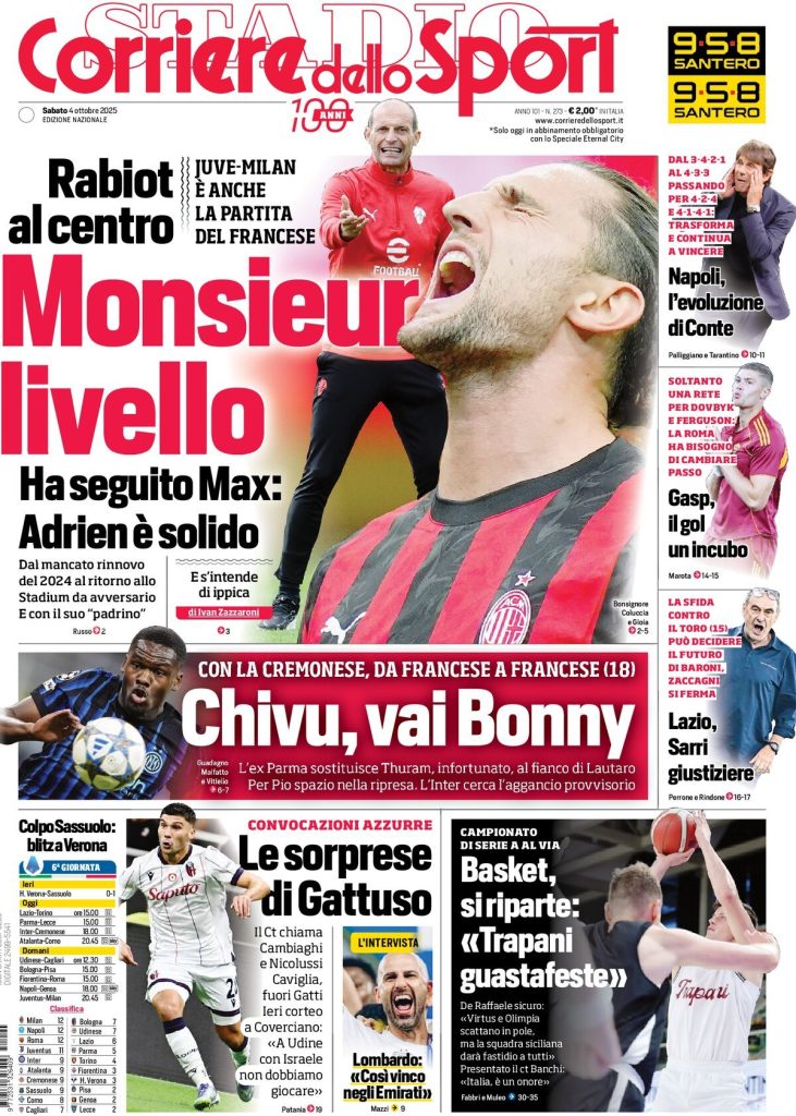 Rassegna stampa Cagliari: prime pagine quotidiani sportivi - 4 ottobre 2025 28 corriere dello sport 071130olj