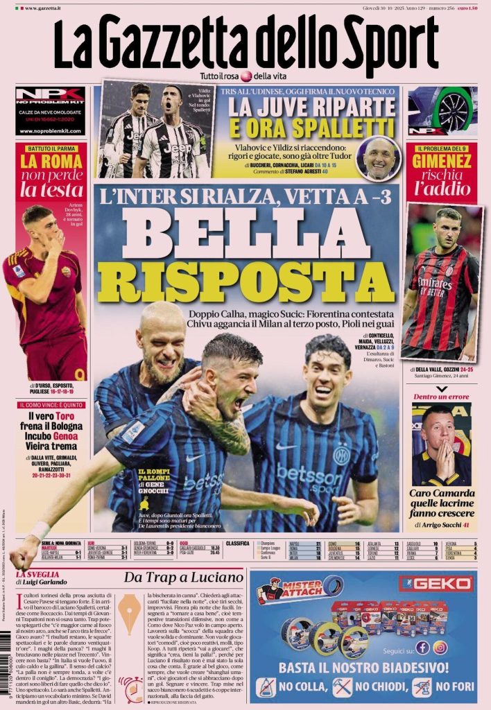 Le prime pagine dei principali quotidiani sportivi – 30 ottobre 27 la gazzetta dello sport 020012795
