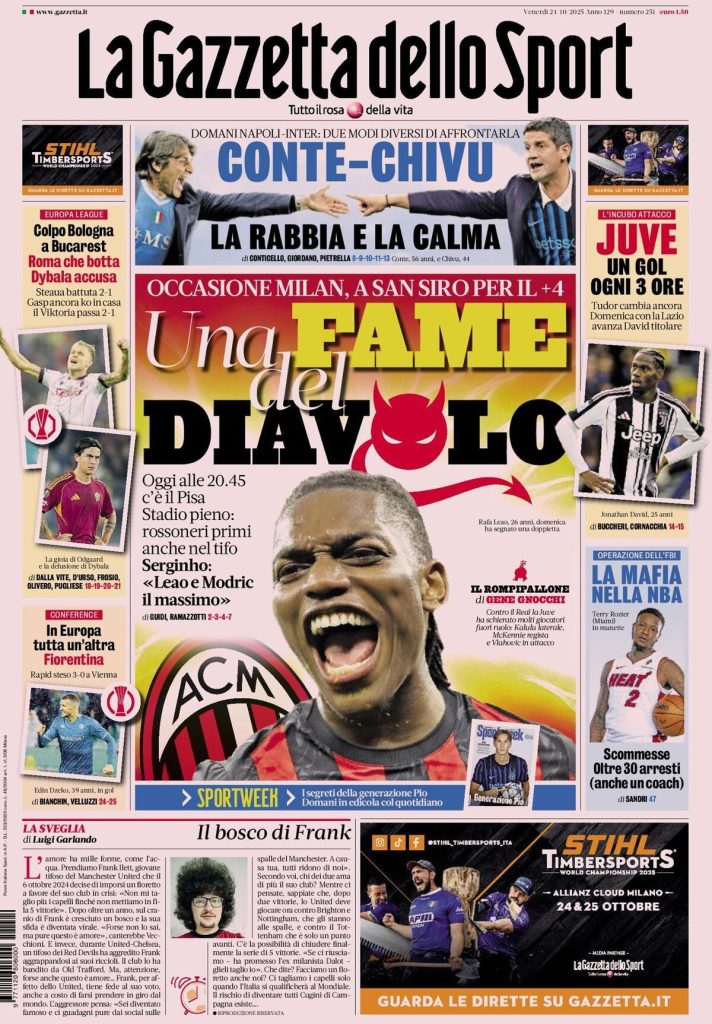 Rassegna stampa Cagliari: prime pagine quotidiani sportivi - 25 ottobre 2025 29 la gazzetta dello sport 020014j67