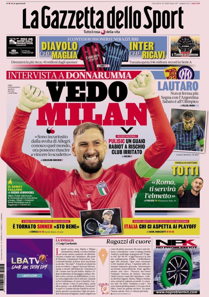 Rassegna stampa Cagliari: prime pagine quotidiani sportivi - 16 ottobre 2025 29 la gazzetta dello sport 031511kij