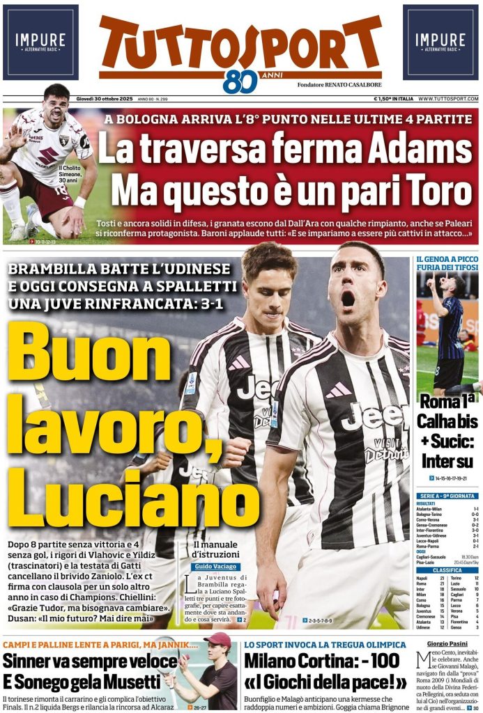 Le prime pagine dei principali quotidiani sportivi – 30 ottobre 29 tuttosport 021204iuq