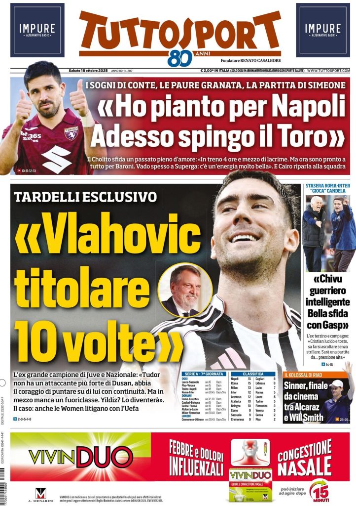 Le prime pagine dei principali quotidiani sportivi – 18 ottobre 27 tuttosport 02120524n