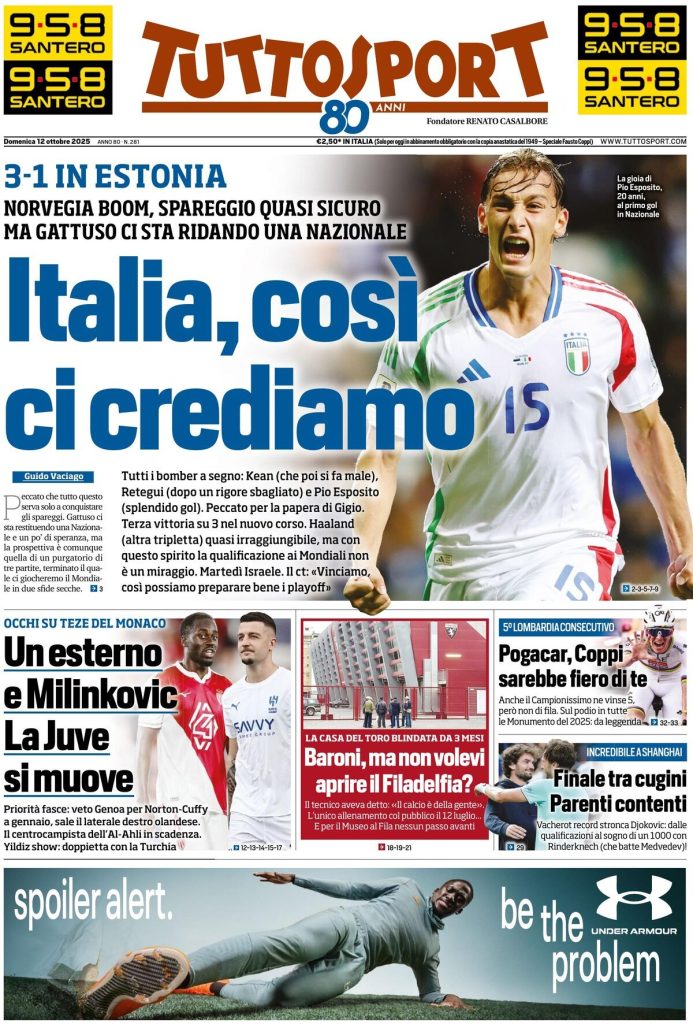 Rassegna stampa Cagliari: prime pagine quotidiani sportivi - 12 ottobre 2025 27 tuttosport 0212066il