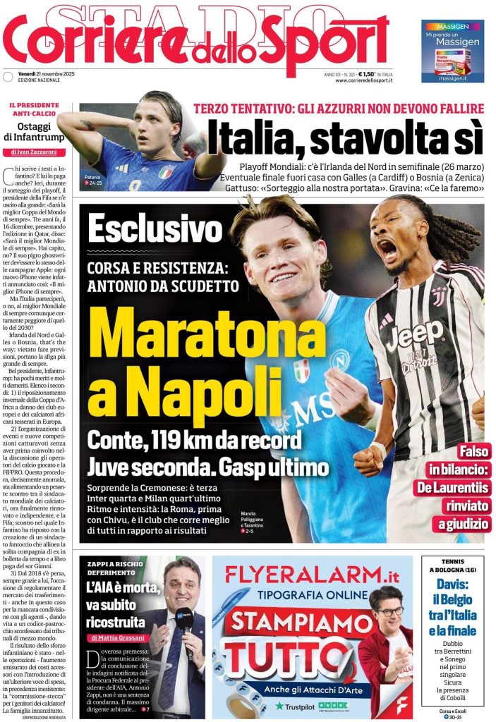 Rassegna stampa Cagliari: prime pagine quotidiani sportivi - 21 novembre 2025 28 corriere dello sport 0212086wt