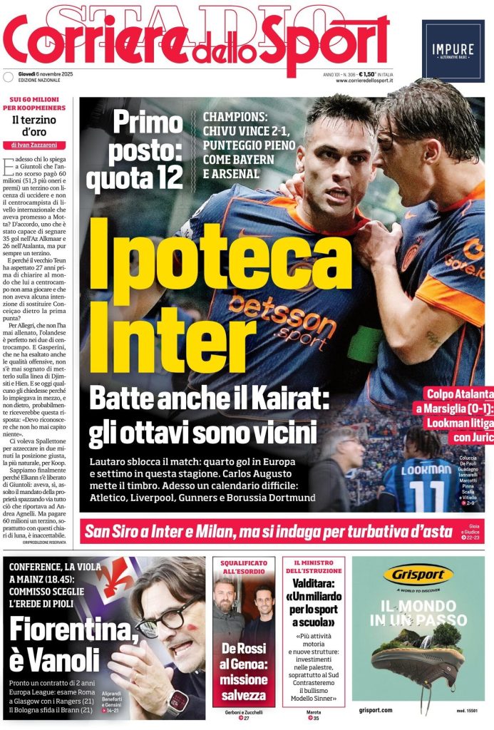 Le prime pagine dei principali quotidiani sportivi – 6 novembre 28 corriere dello sport 021209wk9
