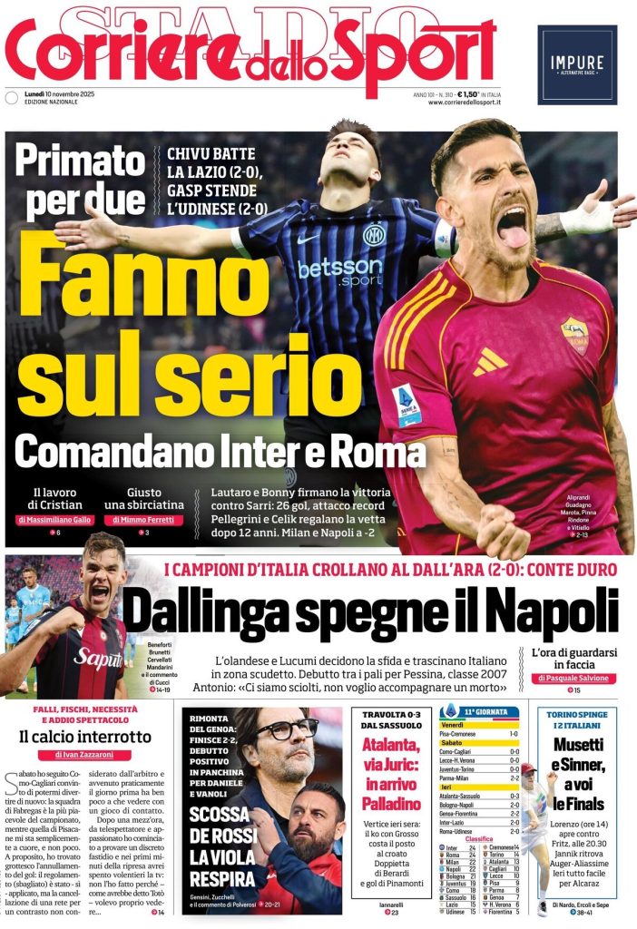 Rassegna stampa Cagliari: prime pagine quotidiani sportivi - 10 novembre 2025 28 corriere dello sport 021210rur