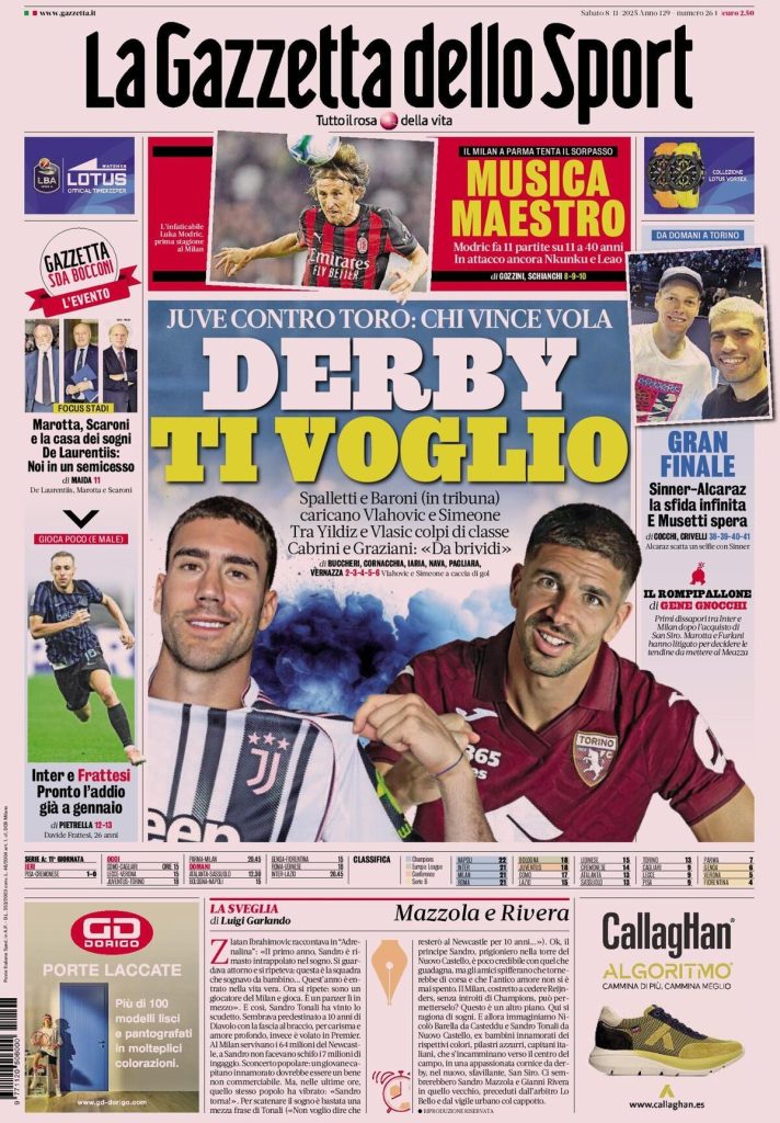 Rassegna stampa Cagliari: prime pagine quotidiani sportivi - 8 novembre 2025 29 la gazzetta dello sport 020011nue