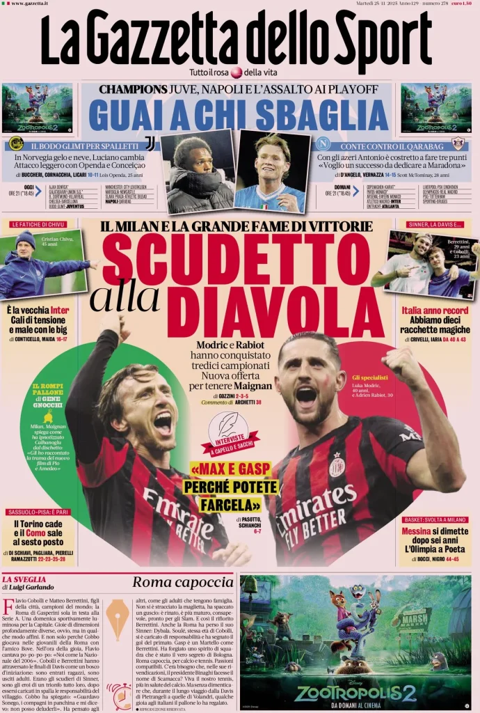 Rassegna stampa Cagliari: prime pagine quotidiani sportivi - 25 novembre 2025 29 la gazzetta dello sport 054815hcb