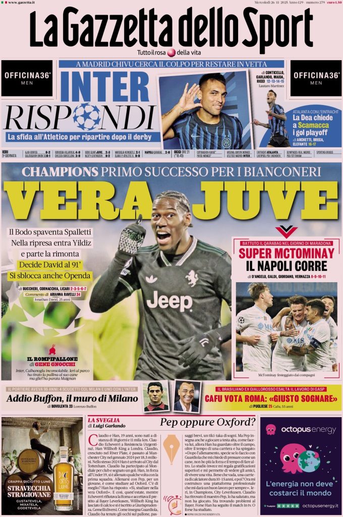 Rassegna stampa Cagliari: prime pagine quotidiani sportivi - 26 novembre 2025 29 la gazzetta dello sport 0601557uq