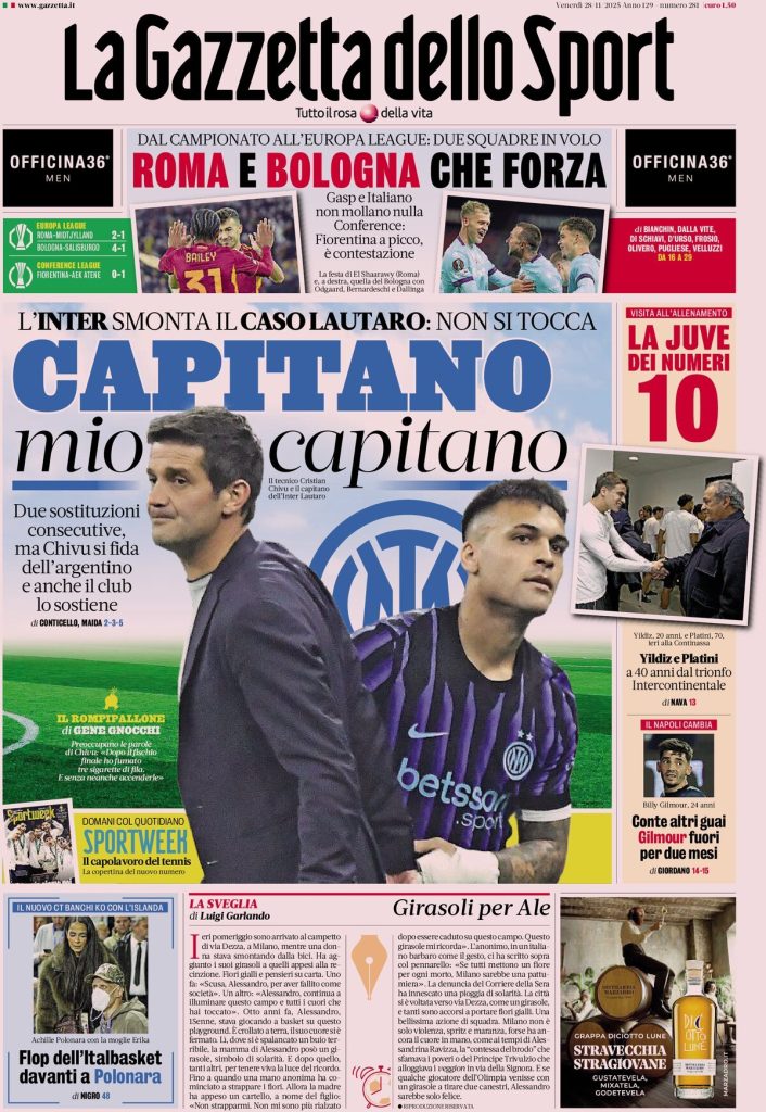 Rassegna stampa Cagliari: prime pagine quotidiani sportivi - 28 novembre 2025 29 la gazzetta dello sport 0618065lt