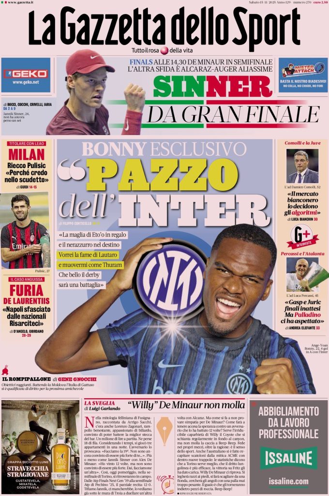 Le prime pagine dei principali quotidiani sportivi – 15 novembre 2025 29 la gazzetta dello sport 061818l8v
