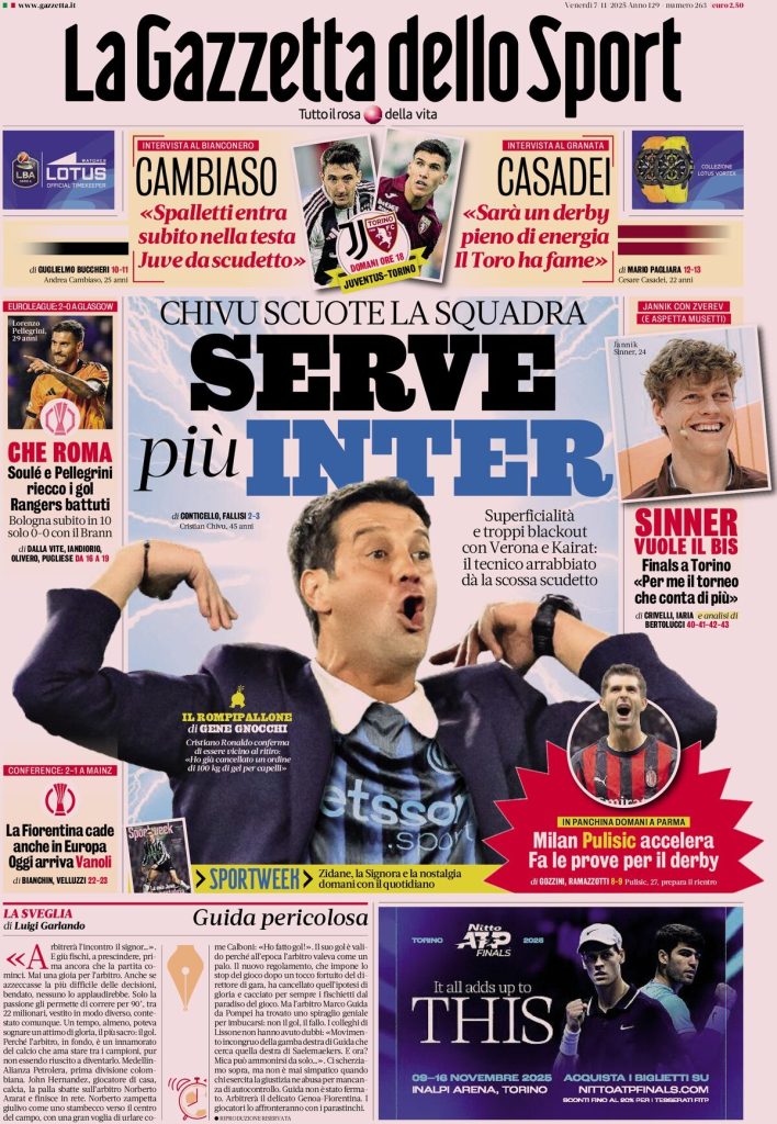 Le prime pagine dei principali quotidiani sportivi – 7 novembre 27 la gazzetta dello sport 070859366