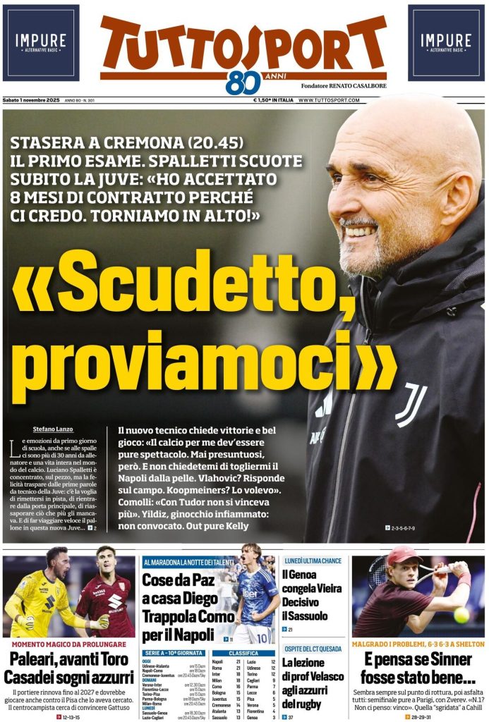 Le prime pagine dei principali quotidiani sportivi – 1 novembre 29 tuttosport 021203efd