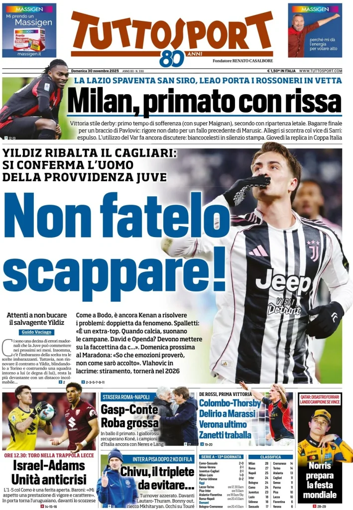 Rassegna stampa Cagliari: prime pagine quotidiani sportivi - 30 novembre 2025 27 tuttosport 021204yue