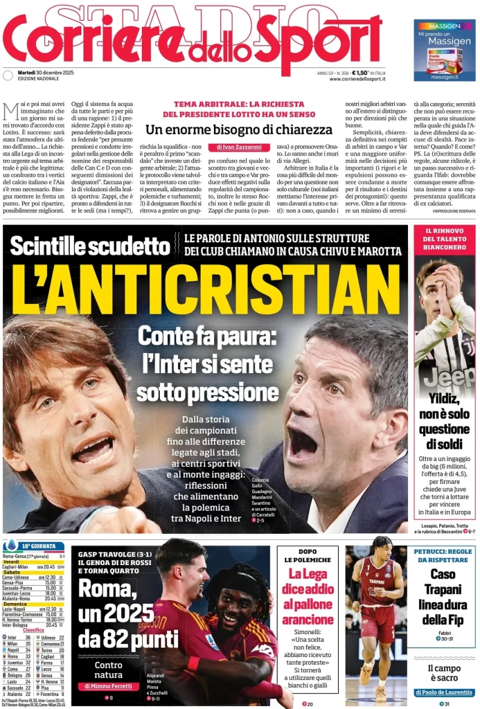 Rassegna stampa Cagliari: prime pagine quotidiani sportivi - 30 dicembre 2025 28 corriere dello sport 020309m8j1uno