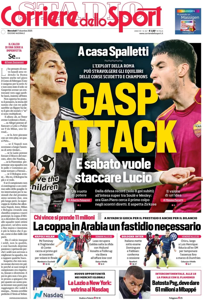 Rassegna stampa Cagliari: prime pagine quotidiani sportivi - 17 dicembre 2025 29 corriere dello sport 0203121ctby1x