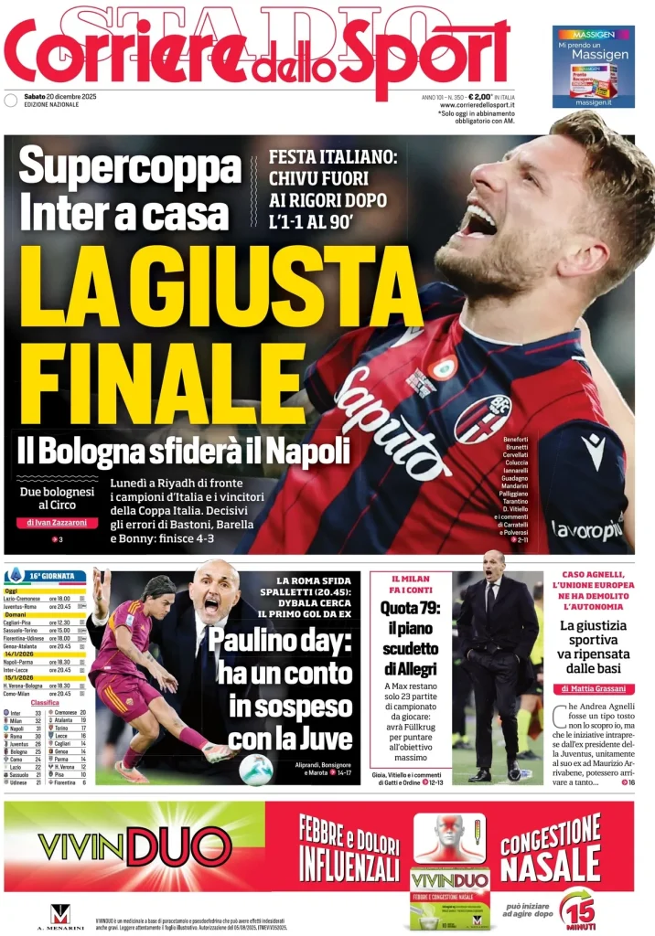 Rassegna stampa Cagliari: prime pagine quotidiani sportivi - 20 dicembre 2025 28 corriere dello sport 020350z8p4s5r