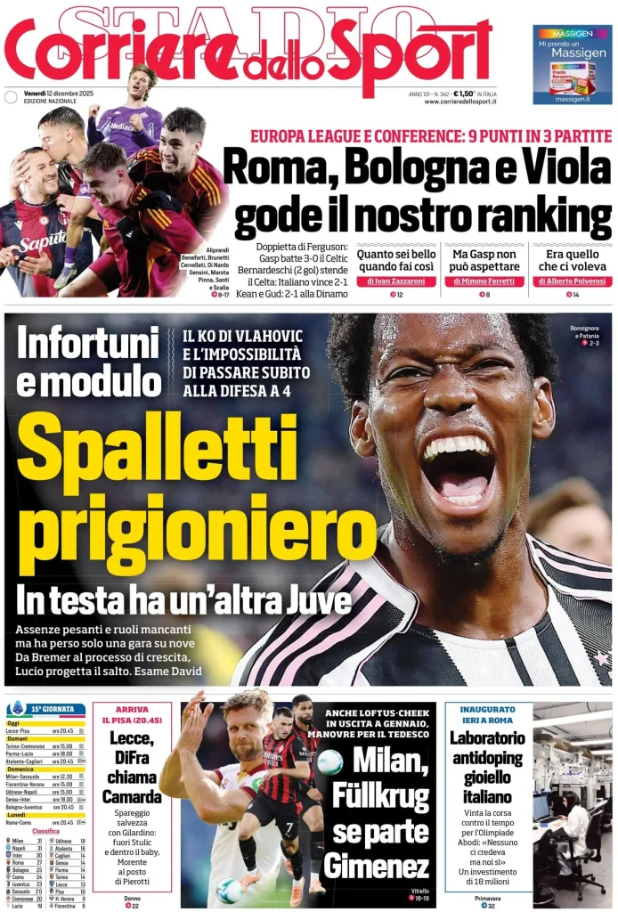 Rassegna stampa Cagliari: prime pagine quotidiani sportivi - 12 dicembre 2025 28 corriere dello sport 020524ldv