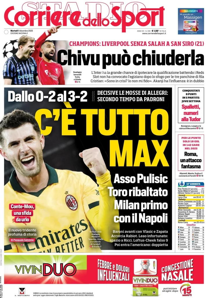Rassegna stampa Cagliari: prime pagine quotidiani sportivi - 9 dicembre 2025 28 corriere dello sport 060143qky