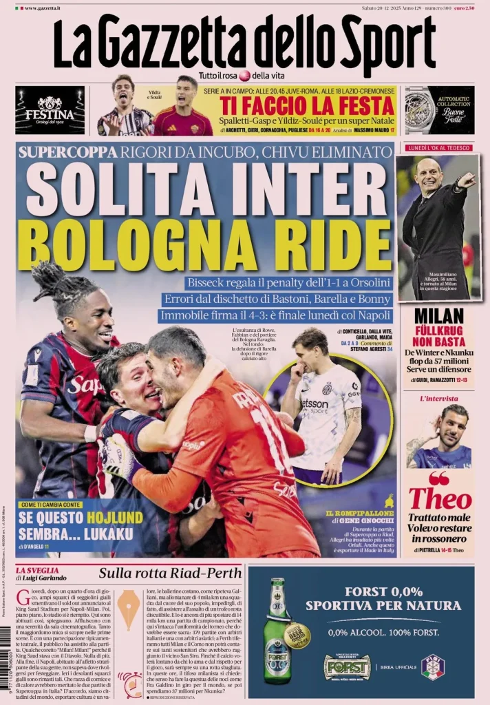 Rassegna stampa Cagliari: prime pagine quotidiani sportivi - 20 dicembre 2025 29 la gazzetta dello sport 031521ff4dfdd
