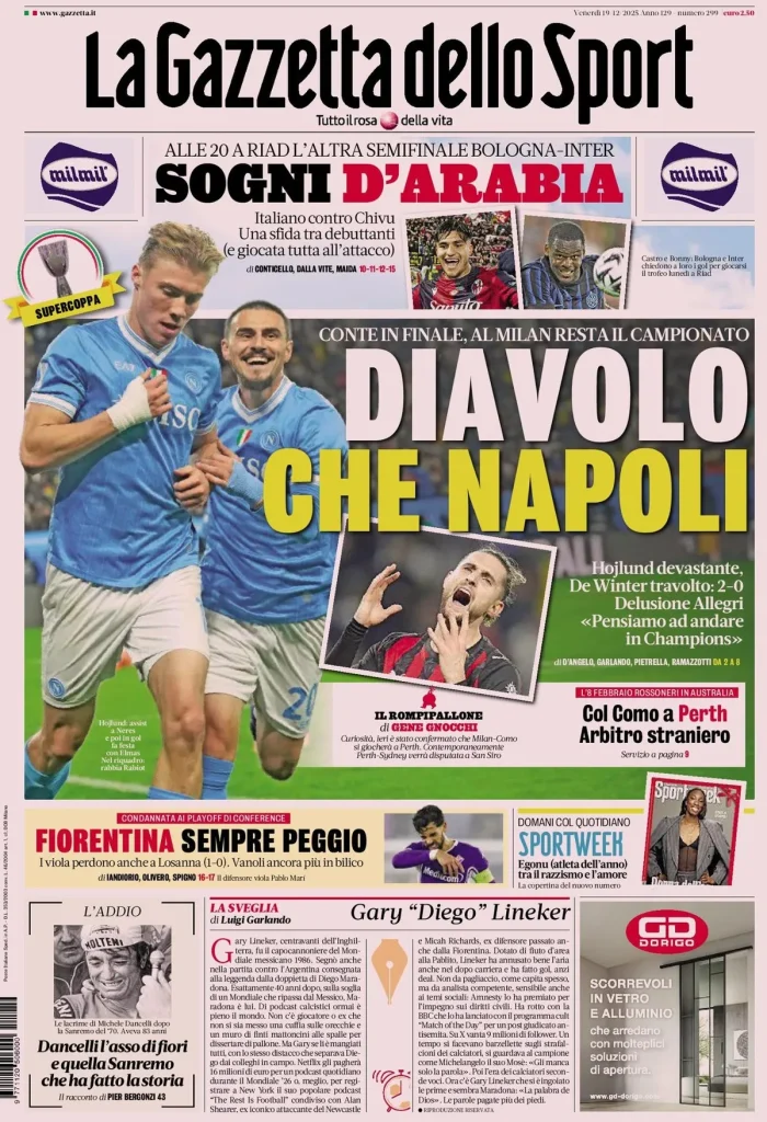 Rassegna stampa Cagliari: prime pagine quotidiani sportivi - 19 dicembre 2025 29 la gazzetta dello sport 031525c5b8iiv