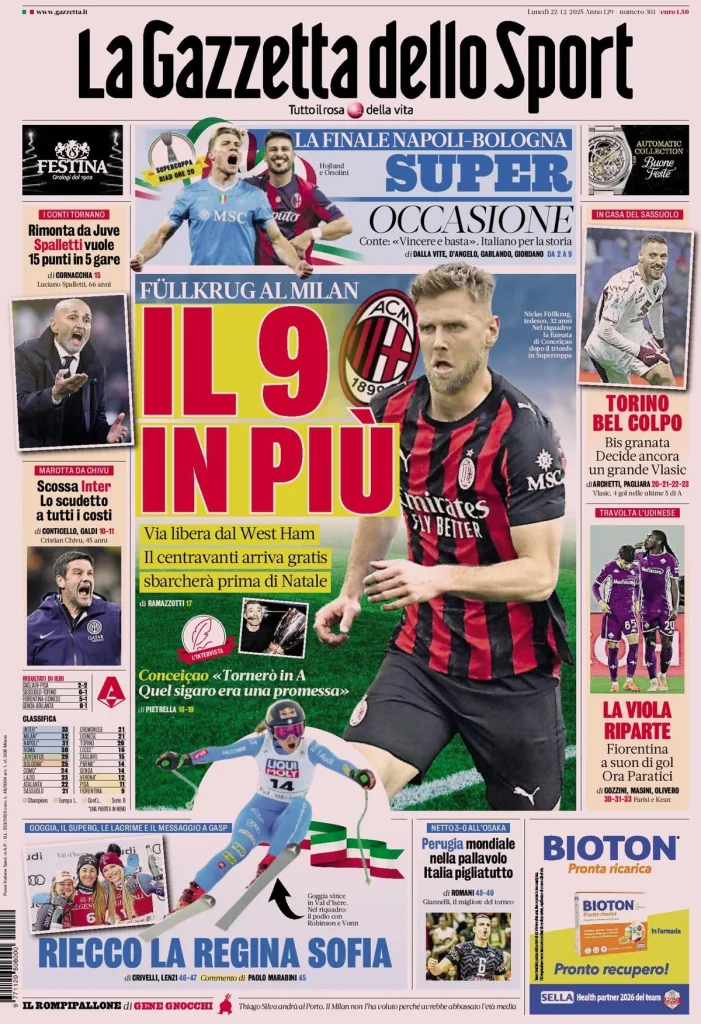 Rassegna stampa Cagliari: prime pagine quotidiani sportivi - 22 dicembre 2025 29 la gazzetta dello sport 031539gzh7136