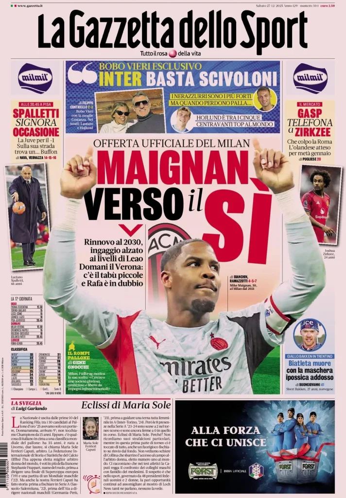 Rassegna stampa Cagliari: prime pagine quotidiani sportivi - 27 dicembre 2025 29 la gazzetta dello sport 031540fgp5tt3