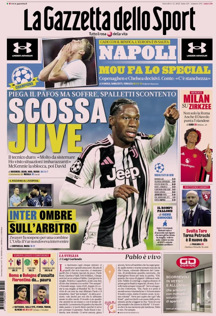 Rassegna stampa Cagliari: prime pagine quotidiani sportivi - 11 dicembre 2025 29 la gazzetta dello sport 0315500yt