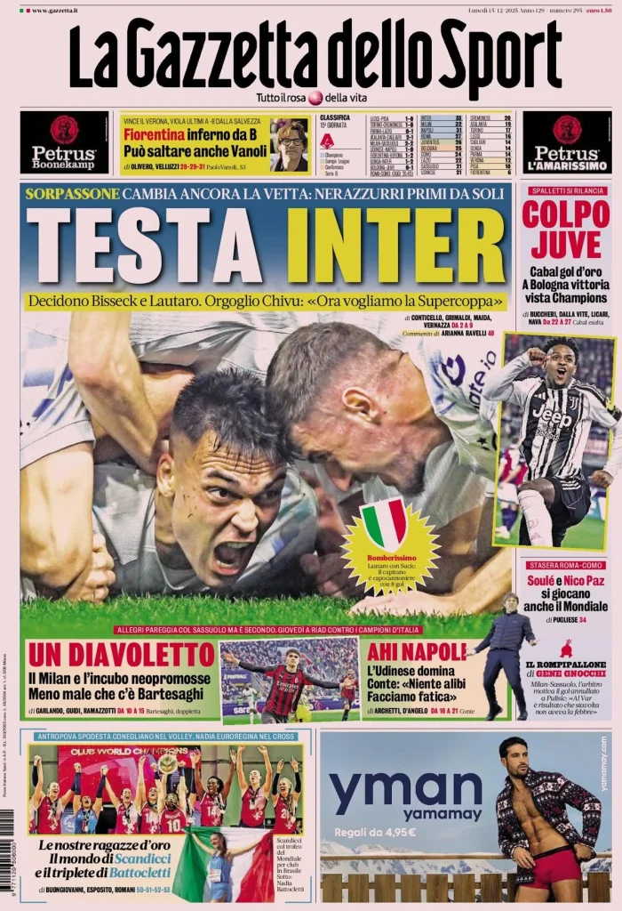 Rassegna stampa Cagliari: prime pagine quotidiani sportivi - 15 dicembre 2025 29 la gazzetta dello sport 031554j3i7kac