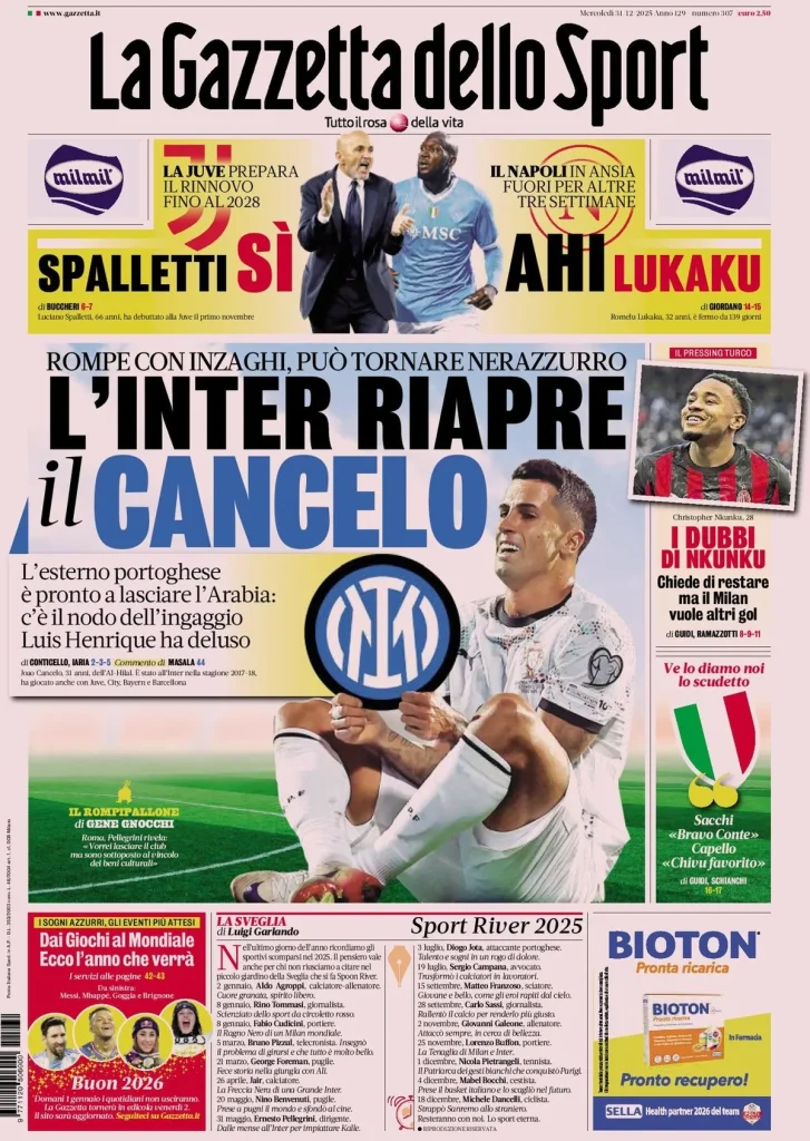 Rassegna stampa Cagliari: prime pagine quotidiani sportivi - 31 dicembre 2025 29 la gazzetta dello sport 031703ndb7qzf