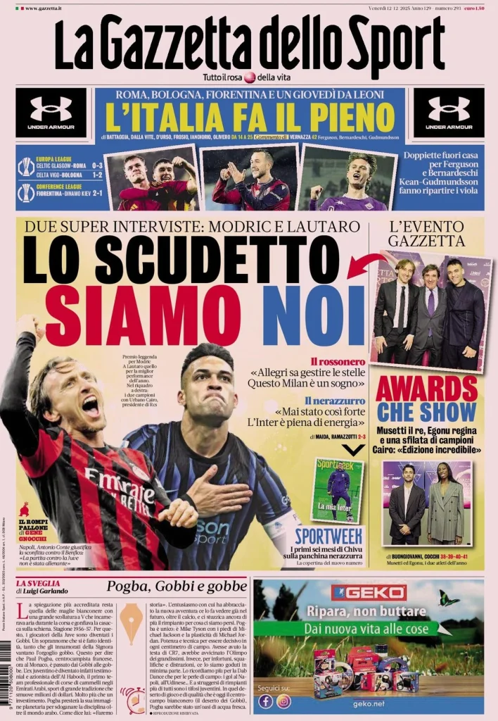 Rassegna stampa Cagliari: prime pagine quotidiani sportivi - 12 dicembre 2025 29 la gazzetta dello sport 031703tsw