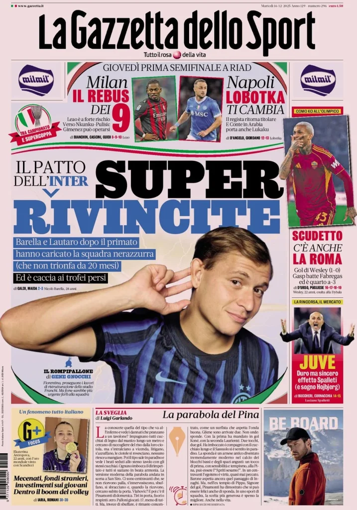 Rassegna stampa Cagliari: prime pagine quotidiani sportivi - 16 dicembre 2025 29 la gazzetta dello sport 03180358n3y4e
