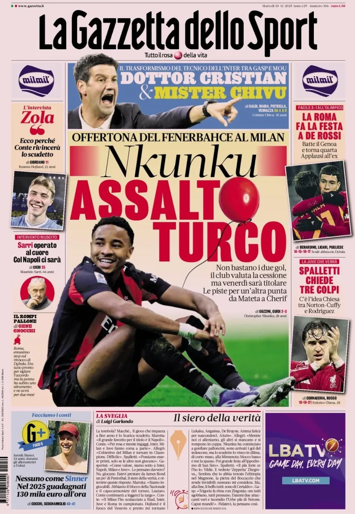 Rassegna stampa Cagliari: prime pagine quotidiani sportivi - 30 dicembre 2025 29 la gazzetta dello sport 031803f2v1120