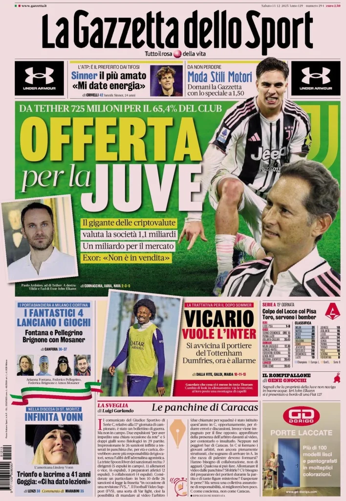 Le prime pagine dei principali quotidiani sportivi – 13 dicembre 27 la gazzetta dello sport 0319291oq