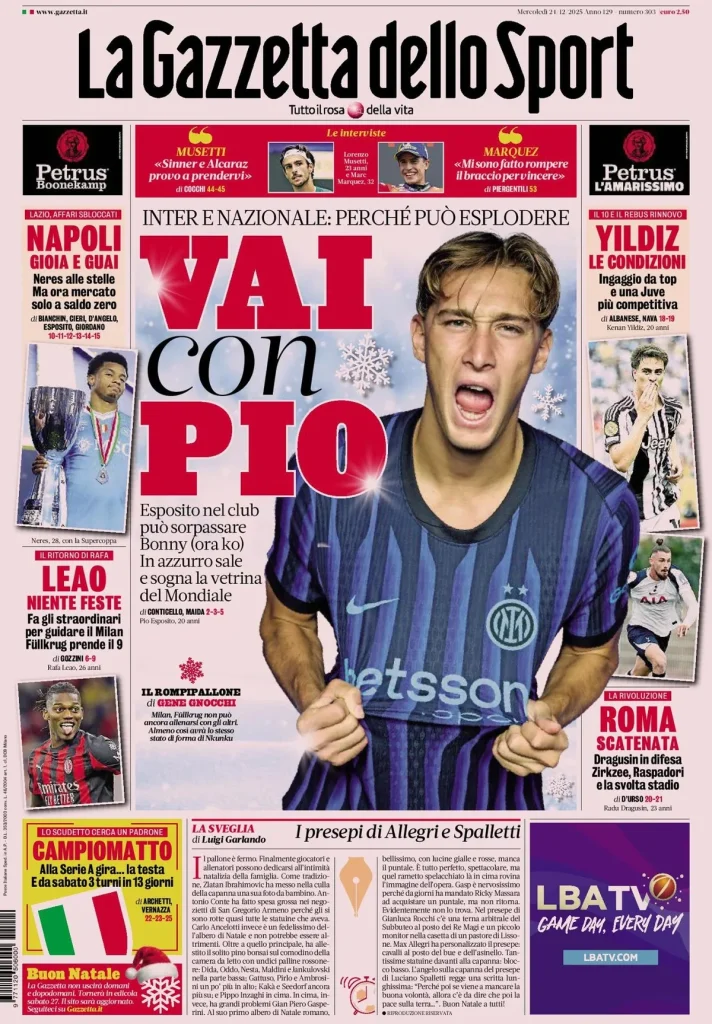 Rassegna stampa Cagliari: prime pagine quotidiani sportivi - 24 dicembre 2025 29 la gazzetta dello sport 031948qzsd2k0